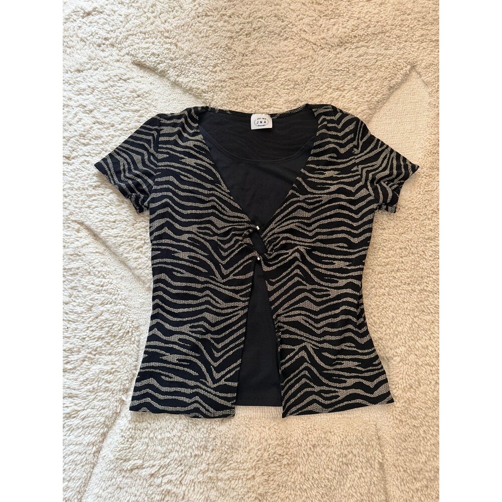 Vintage Y2K JNA Shimmer Zebra Mesh Top Large Made in USA Mall Goth